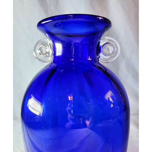 Cobalt Blue Amphora Vase 10"T Vintage Hand Blown w/ Clear Handles - Picture 5 of 10